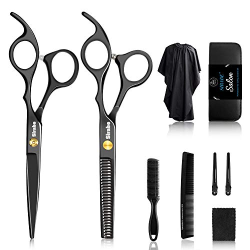 Sirabe 10 PCS Hair Cutting Scissors Set, Professional Haircut Scissors Kit with Cutting Scissors, Thinning Shears, Comb, Cape, Clips, Black Beauty and Personal Care Sirabe Default Title