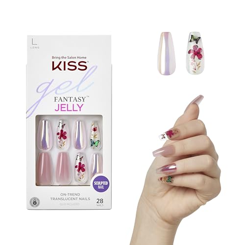 KISS Gel Fantasy Press On Nails, Nail glue included, 'Jelly Cookie', Pink, Long Size, Coffin Shape, Includes 28 Nails, 2g glue, 1 Manicure Stick, 1 Beauty & Personal Care KISS