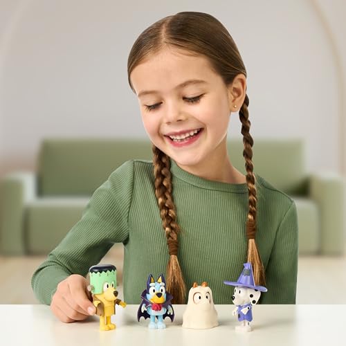 Bluey Halloween Figure 4-Pack – 2.5" Poseable Bingo, Chloe & Lucky in Costumes with Accessories, Kids Recreate Favorite Moments