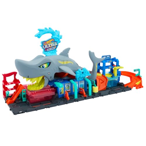 Hot Wheels City Track Set, Ultra Shark Car Wash with 1:64 Scale Color Reveal Toy Vehicle, Repeat Color-Change Feature, Storage