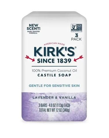 Kirk's 100% Premium Coconut Oil Castile Bar Soap, Lavender & Vanilla, 3 Bars, 4 oz (113 g) Each
