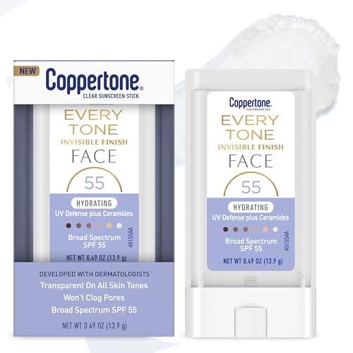 Coppertone Every Tone Invisible Finish Hydrating UV Defense Face Sunscreen Stick SPF 55 with Moisturizing Ceramides, Blends in Clear Sunscreen for All