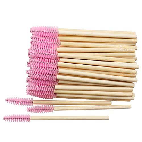 MyAoKuE-UP 100 Pack Bamboo Handle Mascara Wands Disposable Eyelash Brushes Lash Extension Tool, Pink