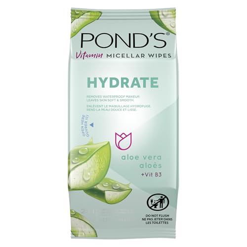 POND’S Micellar Makeup Remover Wipes, Removes Waterproof Mascara, with Aloe Vera & Vitamin B3, Alcohol-Free Facial Cleansing Wipes for Dry Skin, 25