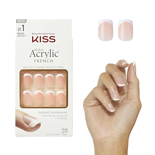 KISS Salon Acrylic Press On Nails, Nail glue included, 'Bonjour', Nude/ White, Short Size, Squoval Shape, Includes 28 Nails, 2g Glue, 1 Manicure