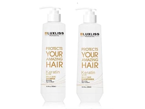Luxliss Keratin Daily Care Shampoo and Conditioner Set, 2 Pack (16 Fl Oz each), Moisturizing, Anti-frizz, Repairing, for Chemically Treated Hair