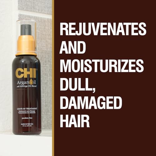 CHI Argan Oil Leave In Treatment, Argan Plus Moringa Oil, Lightweight Formula To Moisturize Dull & Damaged Hair, Sulfate & Paraben-Free, 3 Oz