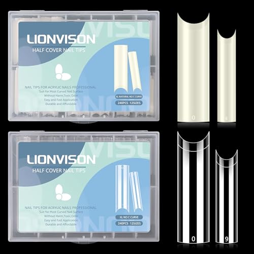 480PCS Extra Long NO C Curve Nail Tips XL, 2 Packs Natural and Clear Nail Tips for Acrylic Nails Professional Set, 12 Sizes Straight Tapered Square