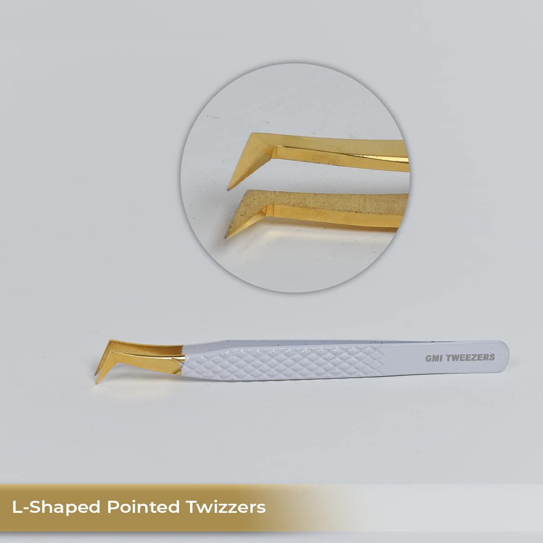 2pcs White Straight and L-Shaped (Boot) Gold Pointed Eyelash Tweezers for Lash Extension - Stainless Steel Precision Tweezers for Volume and Classic