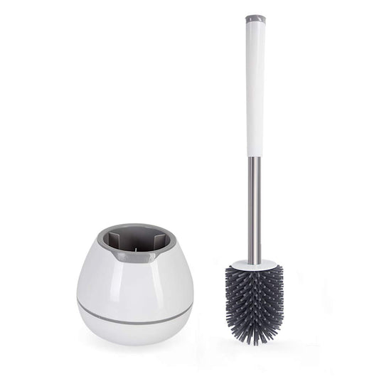 BOOMJOY Silicone Toilet Brush and Holder Set, Bathroom Cleaning Kit with Tweezers & Aluminum Handle – White
