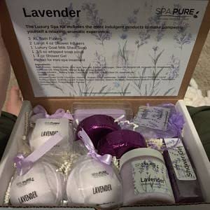 Spa Pure Luxury Lavender Spa - 3 XL Bath Fizzies, 2 XL Shower Steamers, 3.5 oz Whipped Soap Scrub, Goat Milk Soap, Shower Gel (Lavender Essential Oil)