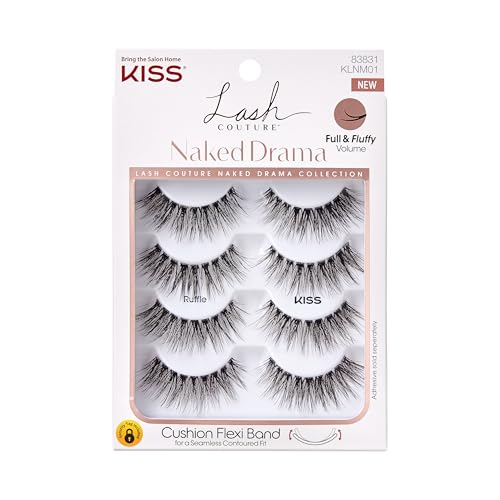 KISS Lash Couture Naked Drama Collection False Eyelashes Multipack 01 with Cushion Flexi Band, Style 'Ruffle', Full & Fluffy Volume, 4 Pairs Fake…