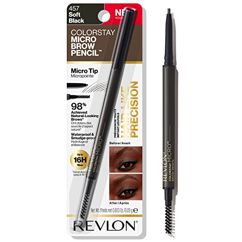 Revlon ColorStay Micro Eyebrow Pencil with Built In Spoolie Brush, Infused with Argan and Marula Oil, Waterproof, Smudgeproof, 457 Soft Black, 0.003