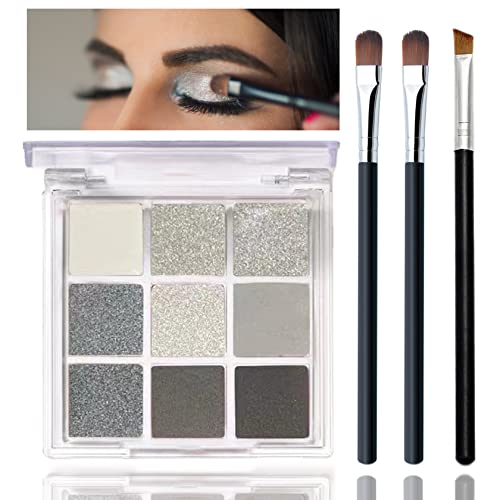 Black Smoky Eyeshadow Palette - Silver Shimmer, Grey, Gold, Brown - 9 Colors - Glitter & Matte Finish - Long Lasting, Waterproof - Pearl Eye Shadow