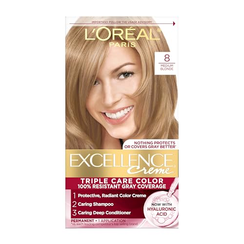 L'Oreal Paris Excellence Crème Permanent Hair Dye, Triple Care Hair Color with Pro-Keratine Complex for 100% Gray Hair Coverage, 8 Medium Blonde, 1
