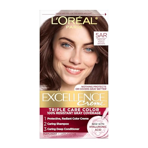 L'Oreal Paris Excellence Crème Permanent Hair Dye, Triple Care Hair Color with Hyaluronic Acid for 100% Gray Coverage, 5AR Medium Maple Brown, 1 Kit