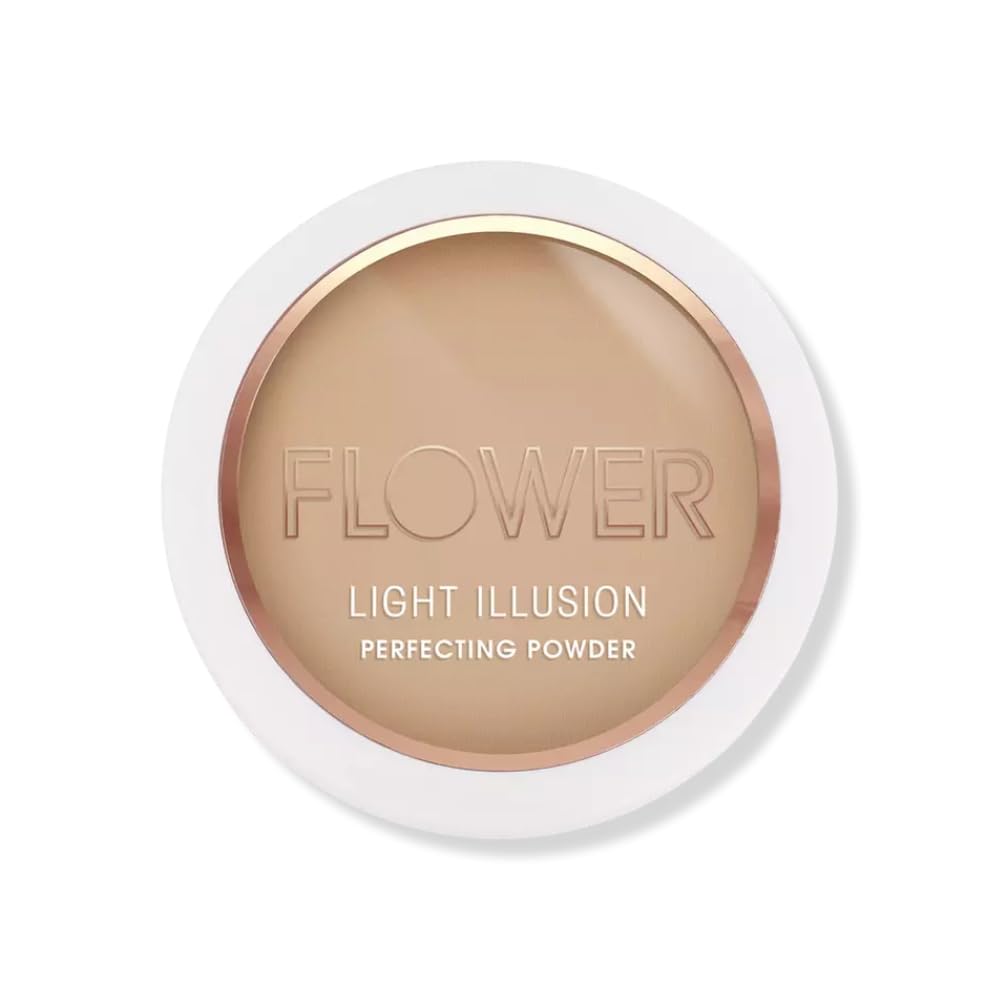 FLOWER BEAUTY Light Illusion Perfecting Powder Pressed Powder Face Makeup Buildable Medium Coverage with Blurring Pigments Includes Mirror Sponge