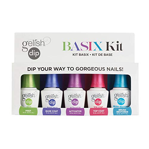 Gelish Dip Basix Kit - Prep, Base Coat, Activator, Top Coat & Brush Restorer - Easy, Odor-Free, No UV or LED Lamp Required for Long-Lasting