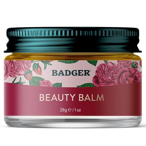 Badger Rose Beauty Balm, 100% Organic Nourishing Treatment For Face, Neck & Hands w/Pure Rose Essential Oil, Intensive Long Lasting Face Moisturizer