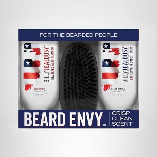 Billy Jealousy USA Beard Envy Facial Hair Refining Kit with Beard Wash Facial Hair Control and Boar Bristle Brush for Clean, Hydrated, Soft, Tamed