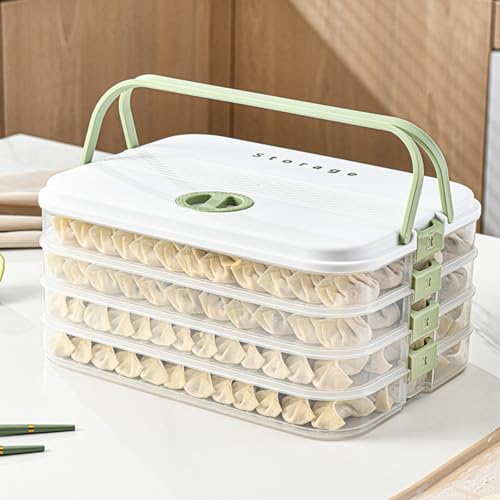 MueJah Dumplings Storage with 4 Layers, Stackable with Buckle, Lid & Handle for Cookies Wonton Donuts Box Organizer For Fridge, White-Green