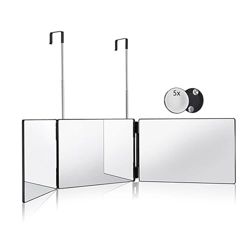 HIEEY 3 Way Mirror for Hair Cutting,360 Trifold Mirror with Height Adjustable Telescoping Hooks,and 5X Magnification,for Makeup, Hair Styling