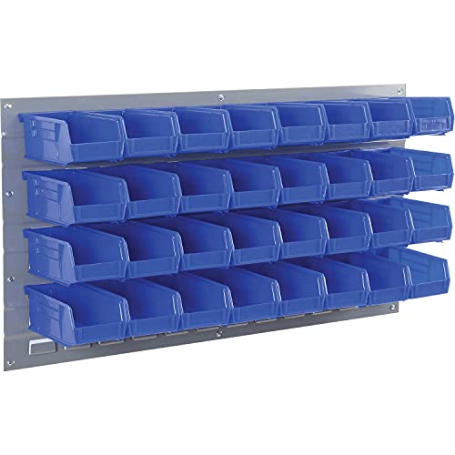 Global Industrial Wall Bin Rack Panel with (32) Blue Bins, 36x7x19