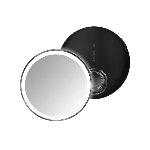 simplehuman Sensor Mirror, Lighted Compact Makeup Magnifying Mirror with Light, Round, Travel Size, Black Stainless Steel