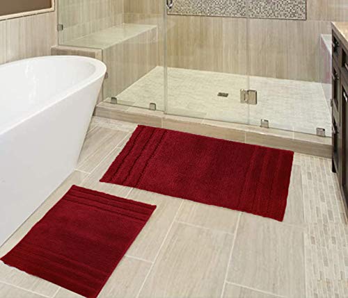 All American Collection Rectangular Non Slip Plush Shaggy Water Absorbent Accent Rug Bathroom Bathtub Microfiber 2 PC Bath Mat Set (Burgundy)