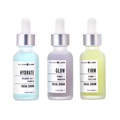 Valjean Labs Facial Serum, Combo Pack of Hydrate, Glow, and Firm | Supercharged, Targeted Skincare Ingredients | Paraben Free, Cruelty Free, Made