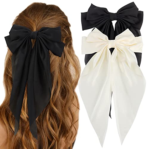 ATODEN Silky Satin Hair Bows 2Pcs Big Hair Bows for Women Hair Ribbons Oversized Long Tail White Hair Bow Black Hair Bow Large Hair Ribbon Barrettes