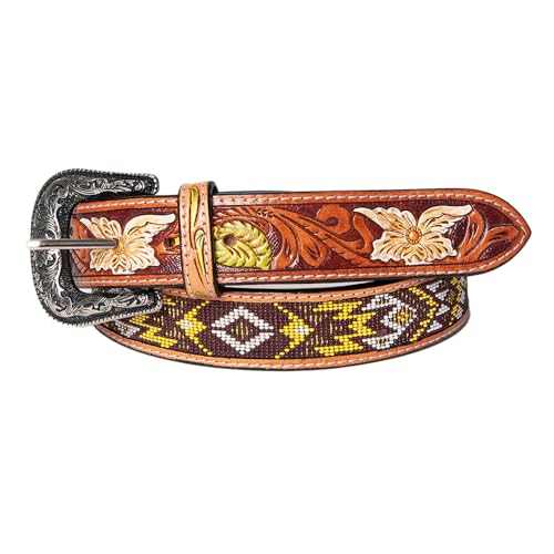 American Darling Small Hand Tooled Brown Genuine American Leather Beaded Belt Men & Women Western Belt with Removable Buckle
