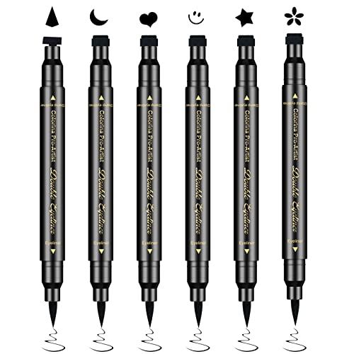 Ownest 6Pcs Eyeliner Stamp, Double-End Eyeliner Stamp Pen, Waterproof Eye Liner Tattoo Makeup-Smiley+Triangle+Heart+Star+Moon+Flower