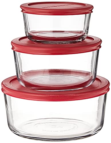Anchor Hocking Classic Glass Food Storage Containers with Lids, Red, 6-Piece Set, Model Number:
