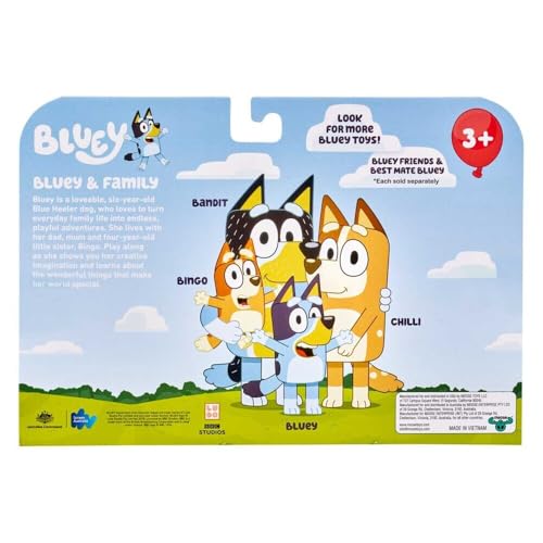 Bluey Family 4-Pack Figures – Bluey, Bingo, Mum & Dad, Poseable Collectible Toys for Kids, Cake Toppers, Gift for Toddlers Ages 3+