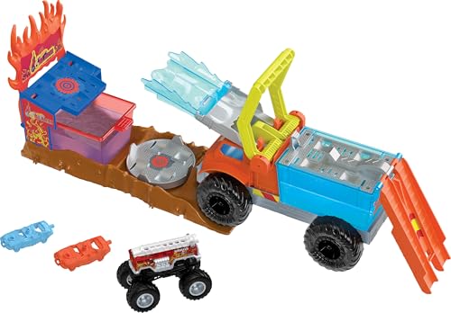 Hot Wheels Monster Trucks Color Shifters 5 Alarm Rescue with Color Shifter Truck, 2 Demolition Cars and 1 Trailer