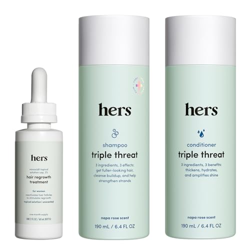 HIMS and HERS Triple Threat Shampoo - Conditioner and 2% Minoxidil Set - Biotin - Saw Palmetto and Pumpkin Seed Oil - Regrowth for Women - Color-Safe