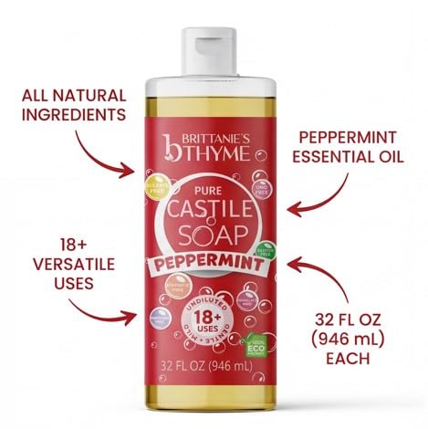 Brittanie's Thyme Pure Castile Liquid Soap Refill (Peppermint, 32 oz Pack of 2) | For Hair & Body, Gentle and Pure, Made with Natural Luxurious Oils