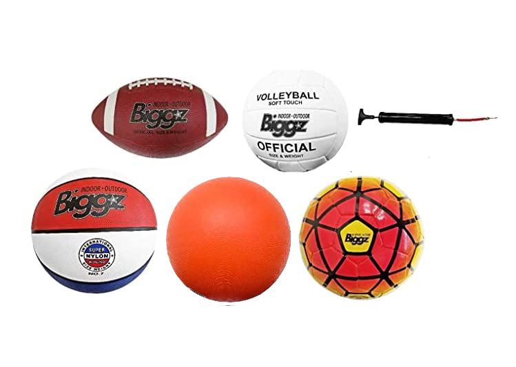 Biggz Bag of Sport Balls - Basketball, Soccer Ball, Football, Volleyball, Red Playground Ball, and Pump