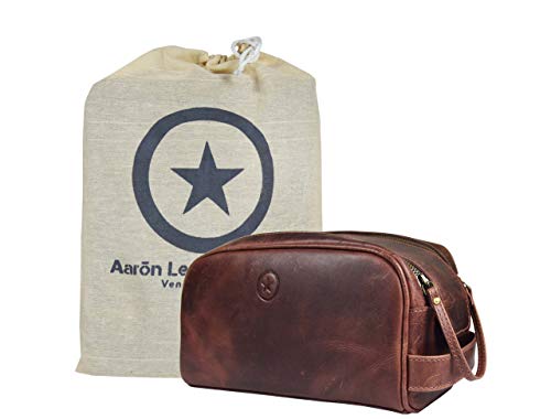 10" Premium Leather Toiletry Travel Pouch With Waterproof Lining | King-Size Handcrafted Vintage Dopp - Kit By Aaron Leather Goods (Dark Brown) Beauty and Personal Care AARON LEATHER GOODS VENDIMIA ESTILO Default Title