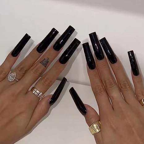 IMSOHOT 24Pcs Square Press on Nails Extra Long Squoval False Nails Black Fake Nails Full Cover Solid Color Acrylic Nails for Women