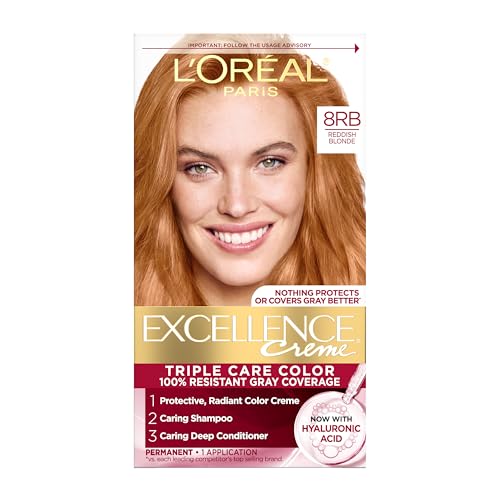 L'Oreal Paris Excellence Crème Permanent Hair Dye, Triple Care Hair Color with Pro-Keratine Complex for 100% Gray Hair Coverage, 8RB Reddish Blonde, 1