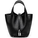 ADPWRL Genuine Leather Soft Bucket Bag for Women Fashion Lock Design Handbags Vegetable Basket Satchel with Top Handle Bags, Black (Silver Lock)