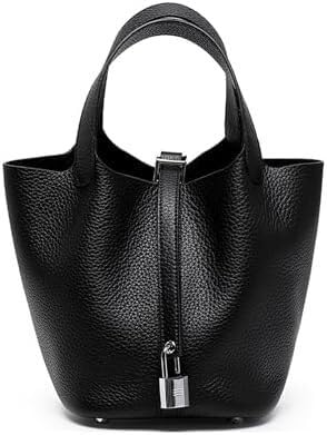 ADPWRL Genuine Leather Soft Bucket Bag for Women Fashion Lock Design Handbags Vegetable Basket Satchel with Top Handle Bags, Black (Silver Lock)