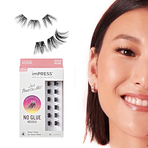 KISS imPRESS Falsies Press On Self Adhesive Eyelashes, 12mm-14mm Glam Volume Press On Lashes, Black, No Glue Needed, Invisible Band, 12 Lash Clusters…