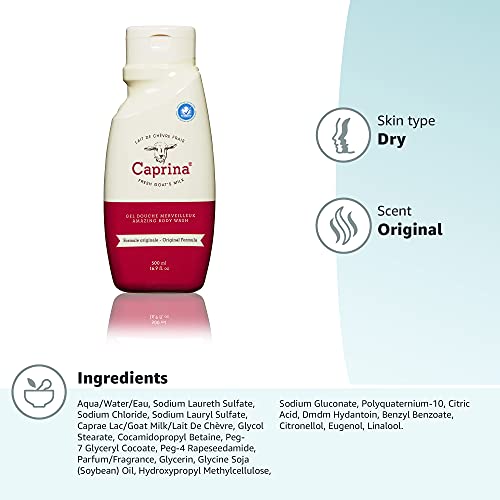 Caprina by Canus Amazing Body Wash With Fresh Canadian Goat Milk Gentle Soap Moisturizing Vitamin A, B2, B3 & More, Original, 16.9 Fl Oz