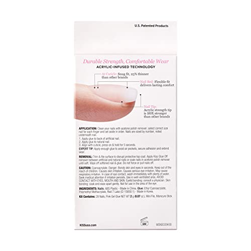 KISS Salon Acrylic Wider Fit Natural Fake Nails, ‘Rare’, 28 Acrylic-Infused, Bubble-Free, Flexible, Durable, False Glue-On Nails