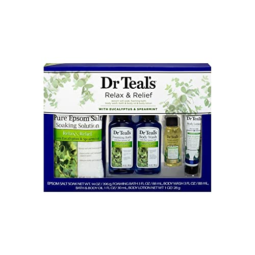 Dr Teal's Eucalyptus & Spearmint Relax & Relief Full Regimen 5-Piece Gift Set (Epsom Salt Soaking Solution, Foaming Bath, Body Wash, Moisturizing Bath
