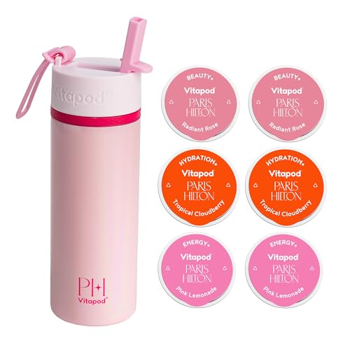 Vitapod Paris Hilton x Daily Wellness System - 22oz Pearlescent Water Bottle in That's Hot Pink & 6 Drink Mix Pod Sampler, Includes BEAUTY+