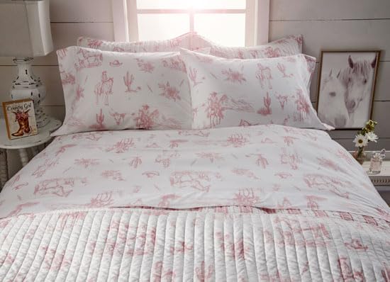 Rod's Dusty Rose Pink Cowgirl Toile-(Sheet Set)-4 Piece King Sheet Set-Pink and White-Top Sheet (112x102in)-Fitted Sheet (78x80x15in) Two Pillow Cases